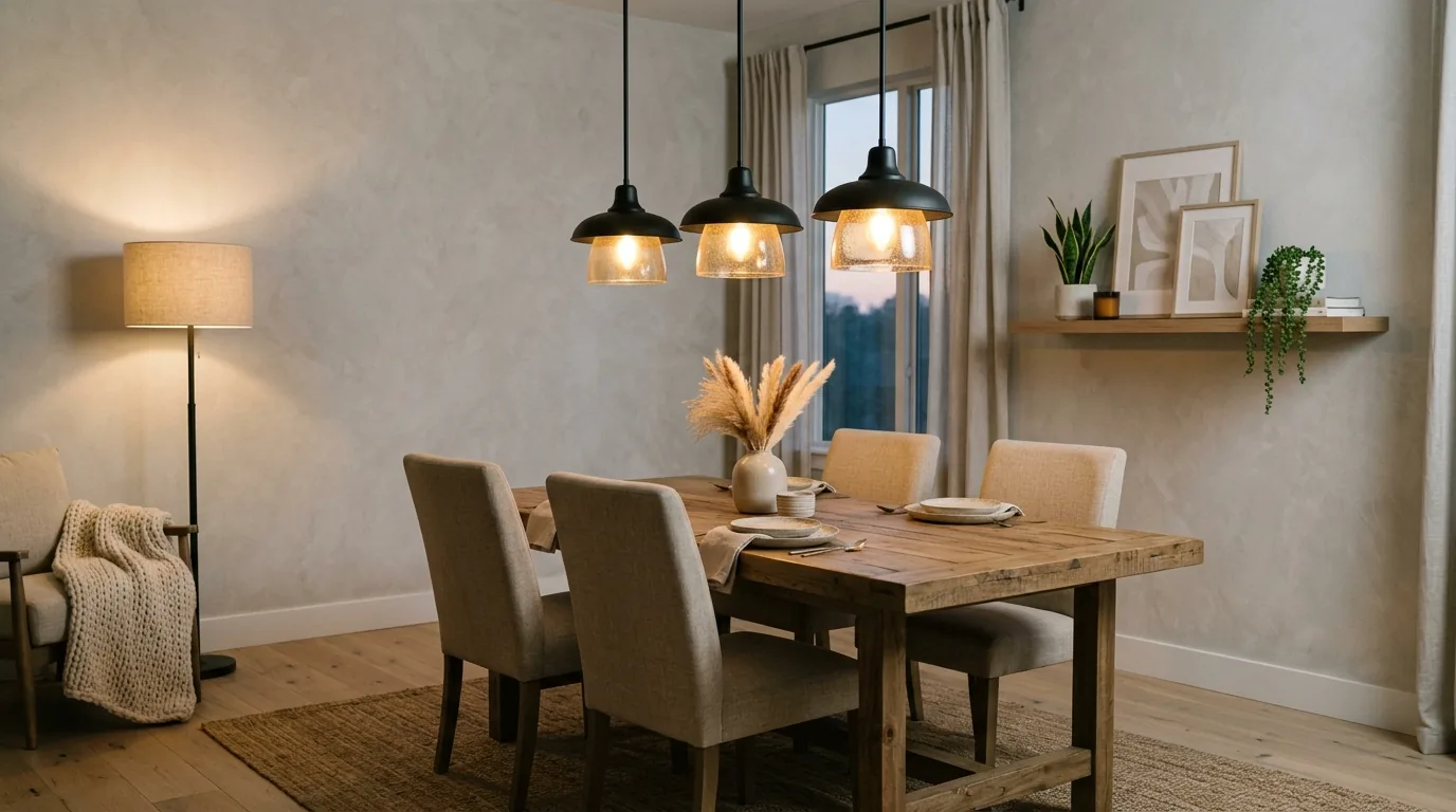Dining corner with fresh centerpiece and swapped pendant lighting