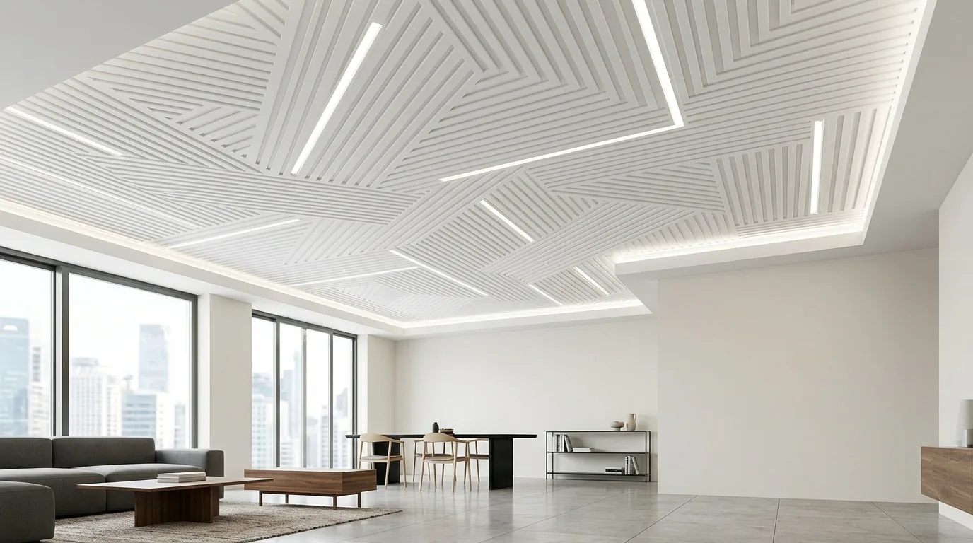 Tray ceiling with smooth inner panel and soft lighting