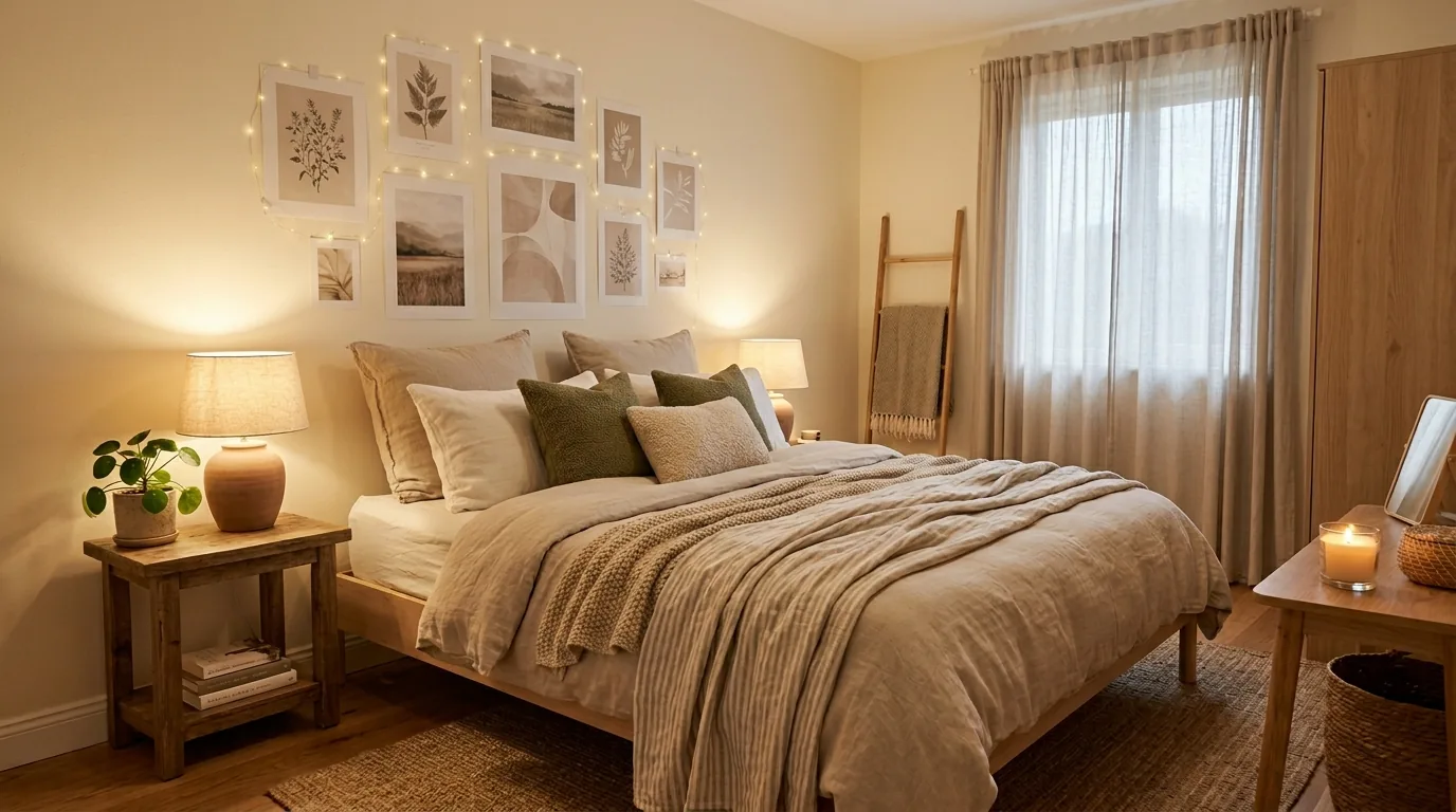 Apartment bedroom with peel-and-stick headboard wall and tonal bedding