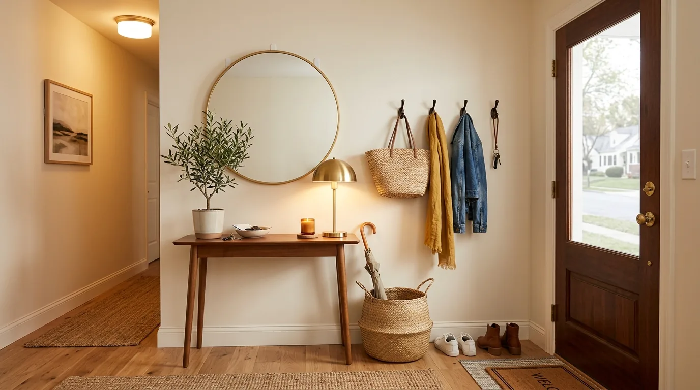 Studio apartment with curtain divider and layered textiles