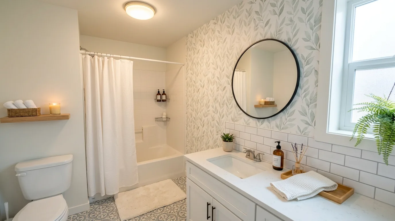 Bathroom with removable hooks and elevated tray styling