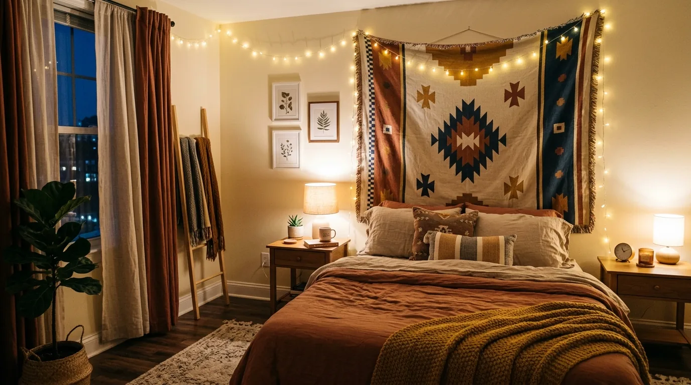 Neutral rental with tall curtains and floor-length mirror making room feel larger