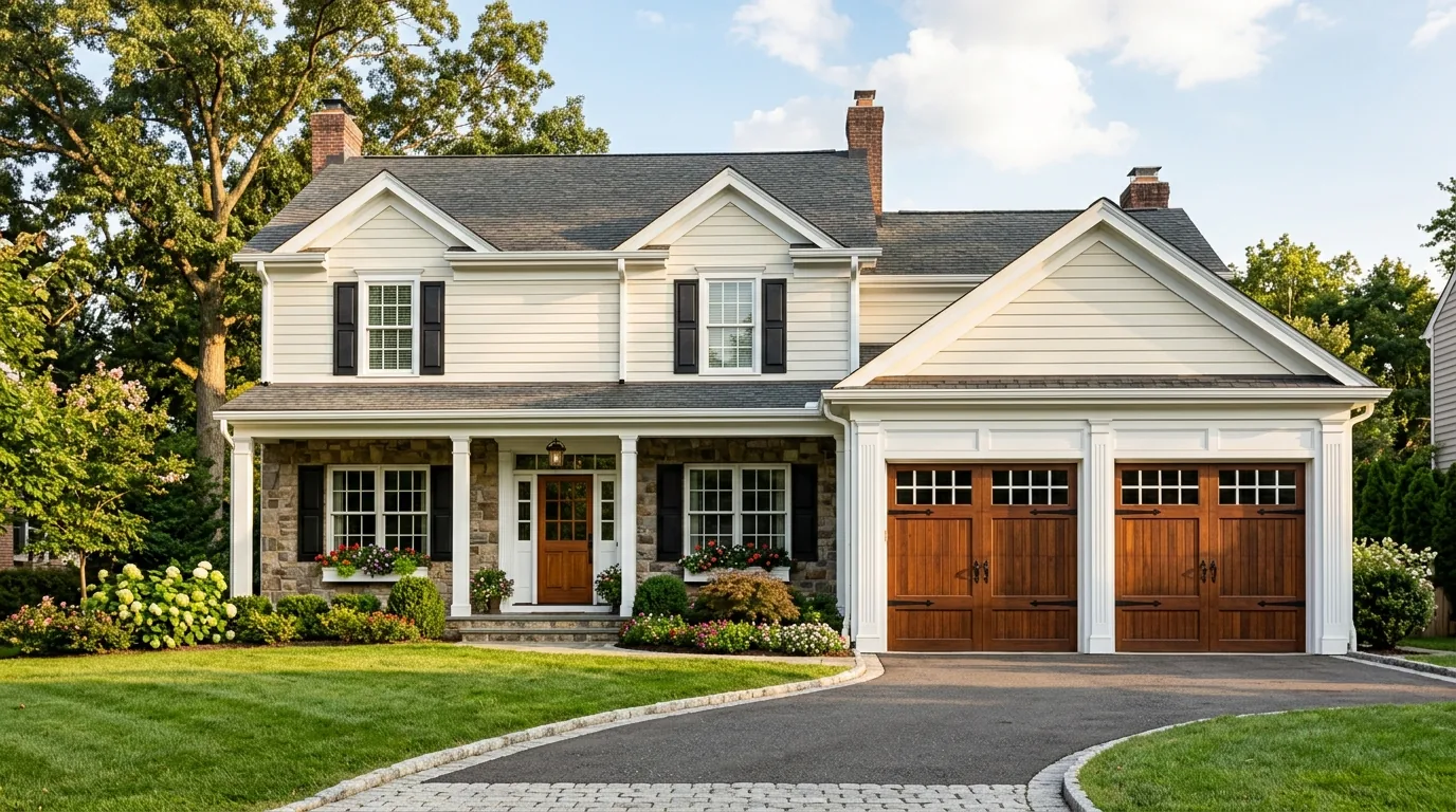 Carriage-style garage door with decorative hardware on farmhouse facade
