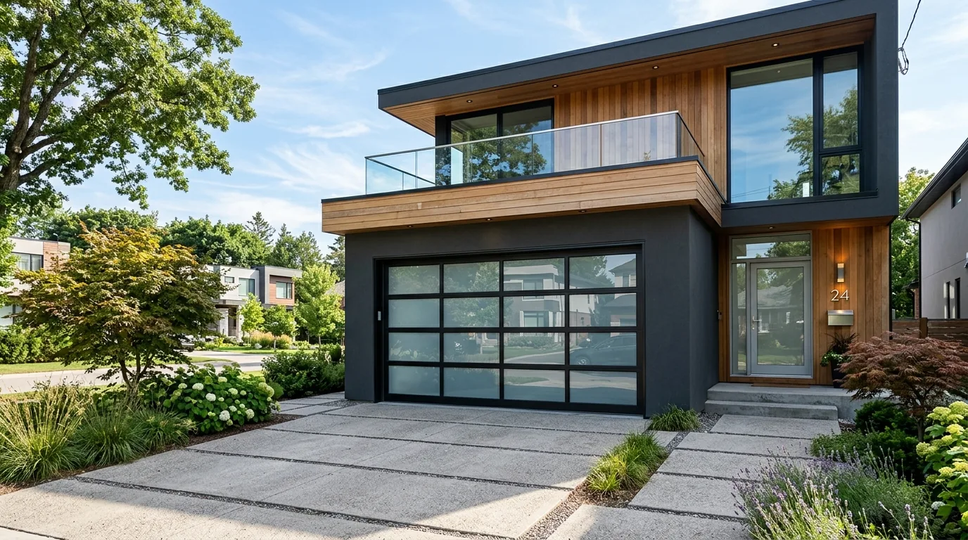 Natural wood-look garage door paired with stone exterior