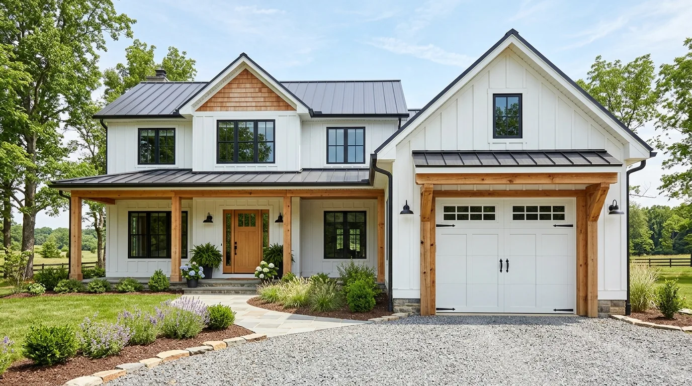 Arched window garage door complementing traditional suburban house