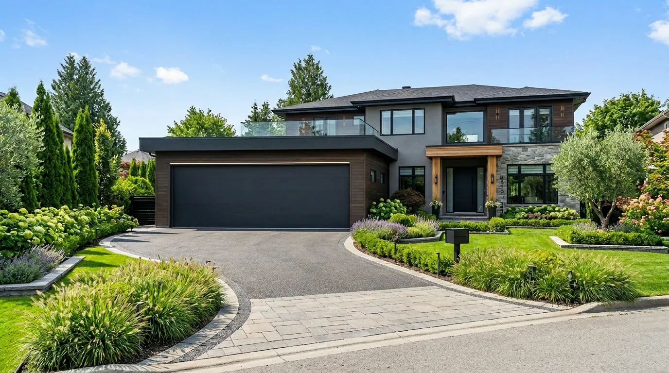 Dark charcoal door with lantern sconces and clean landscaping