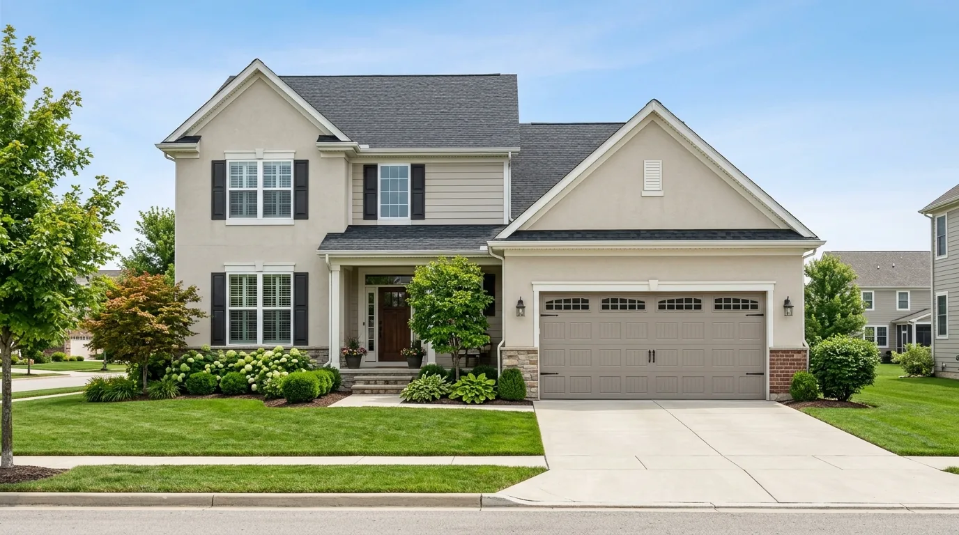 Coastal home with pale gray garage door and crisp white trim