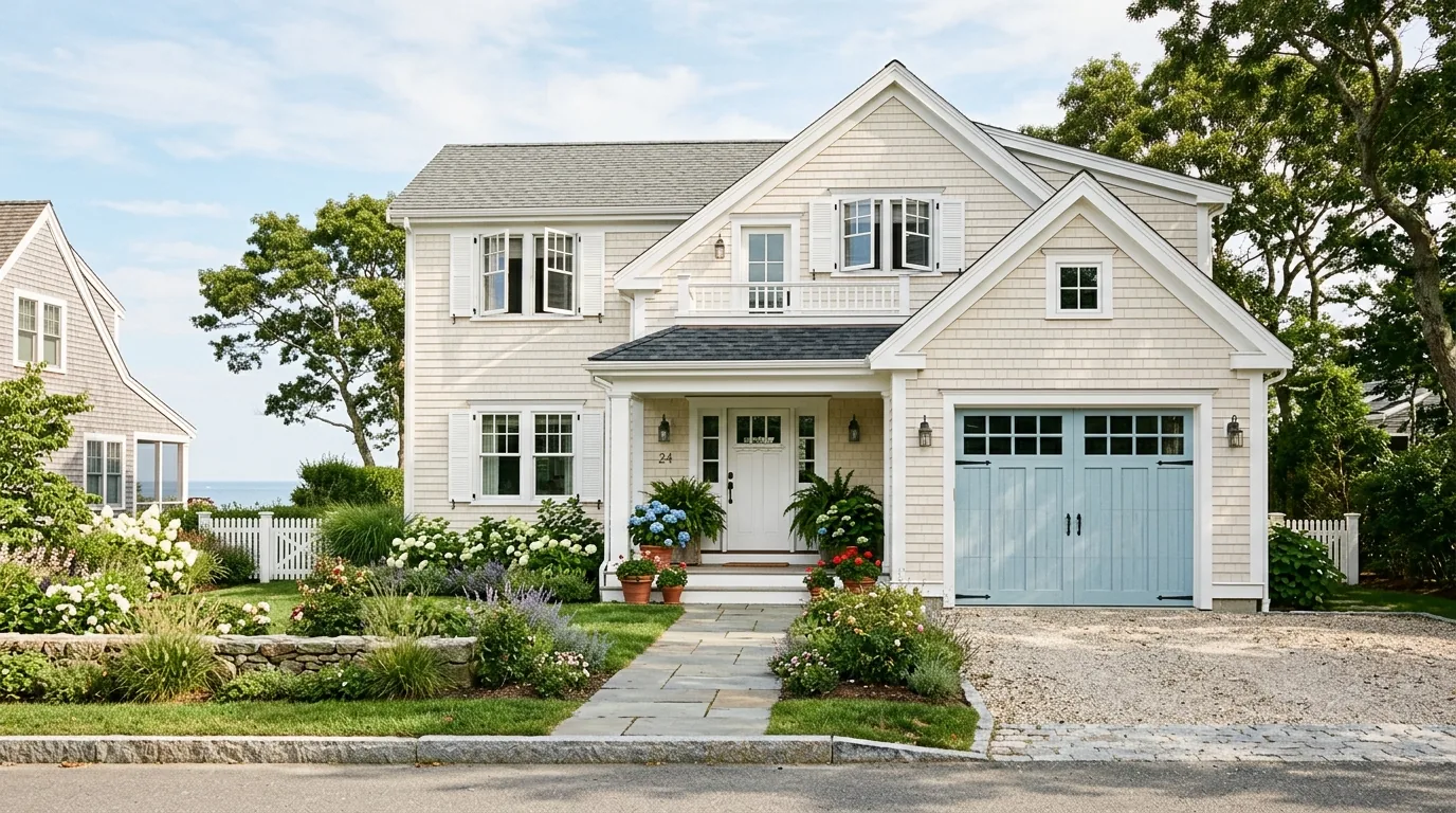 Luxury facade with full-view glass garage door