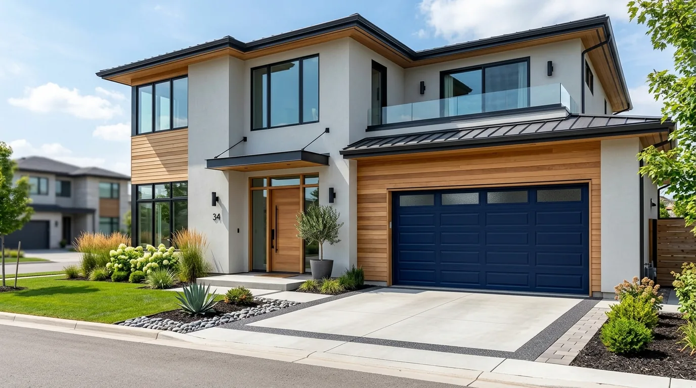 Brick home with carriage door in warm taupe and matching shutters