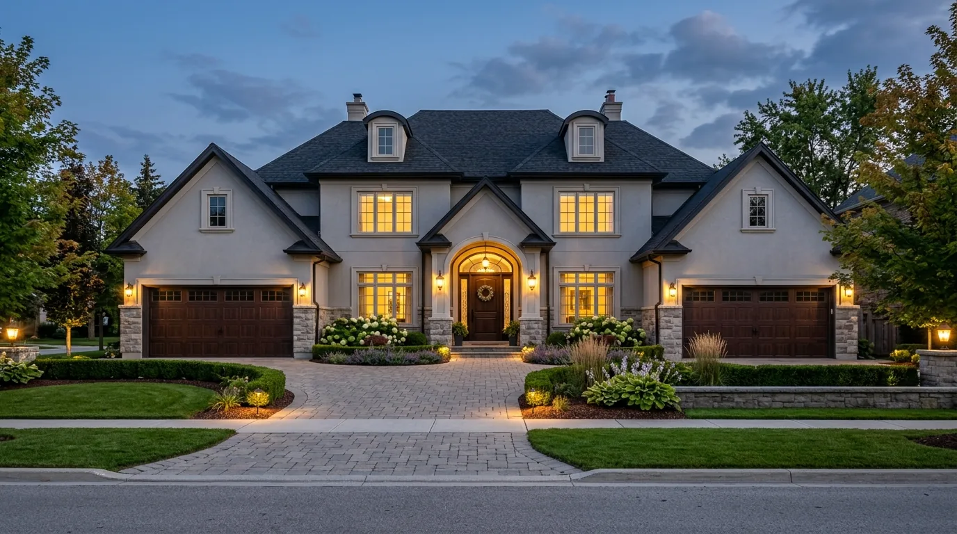 Cinematic exterior with garage door
