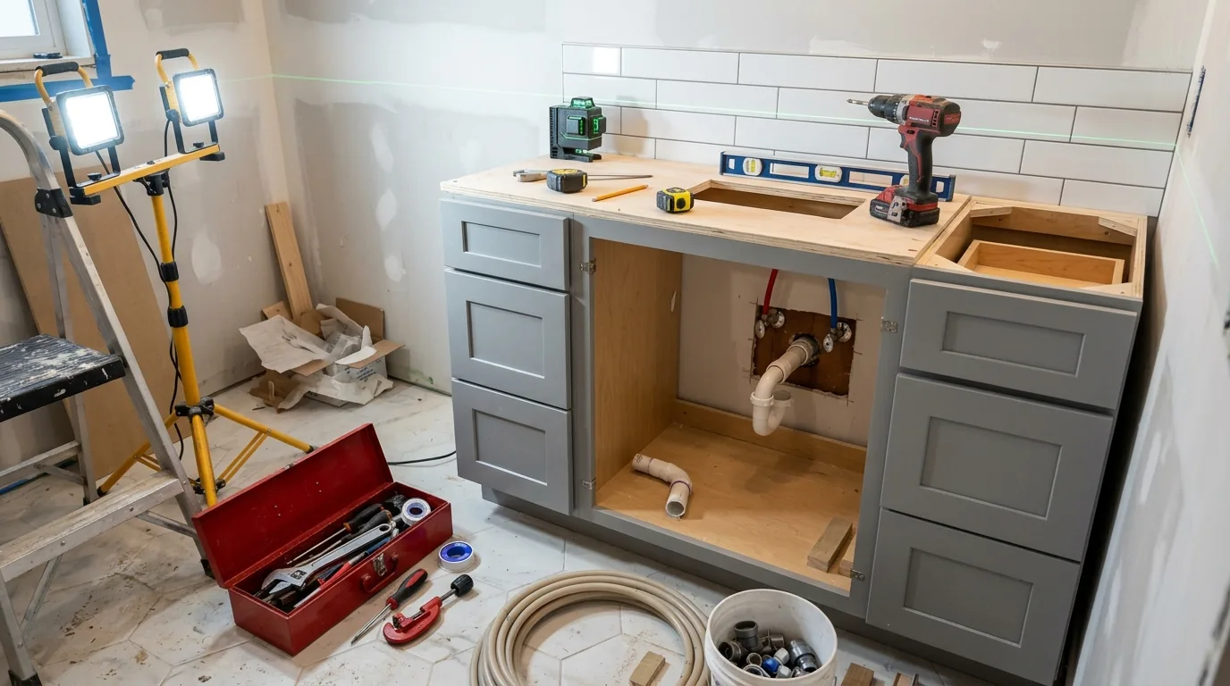 Garage storage wall with peg system and cabinets