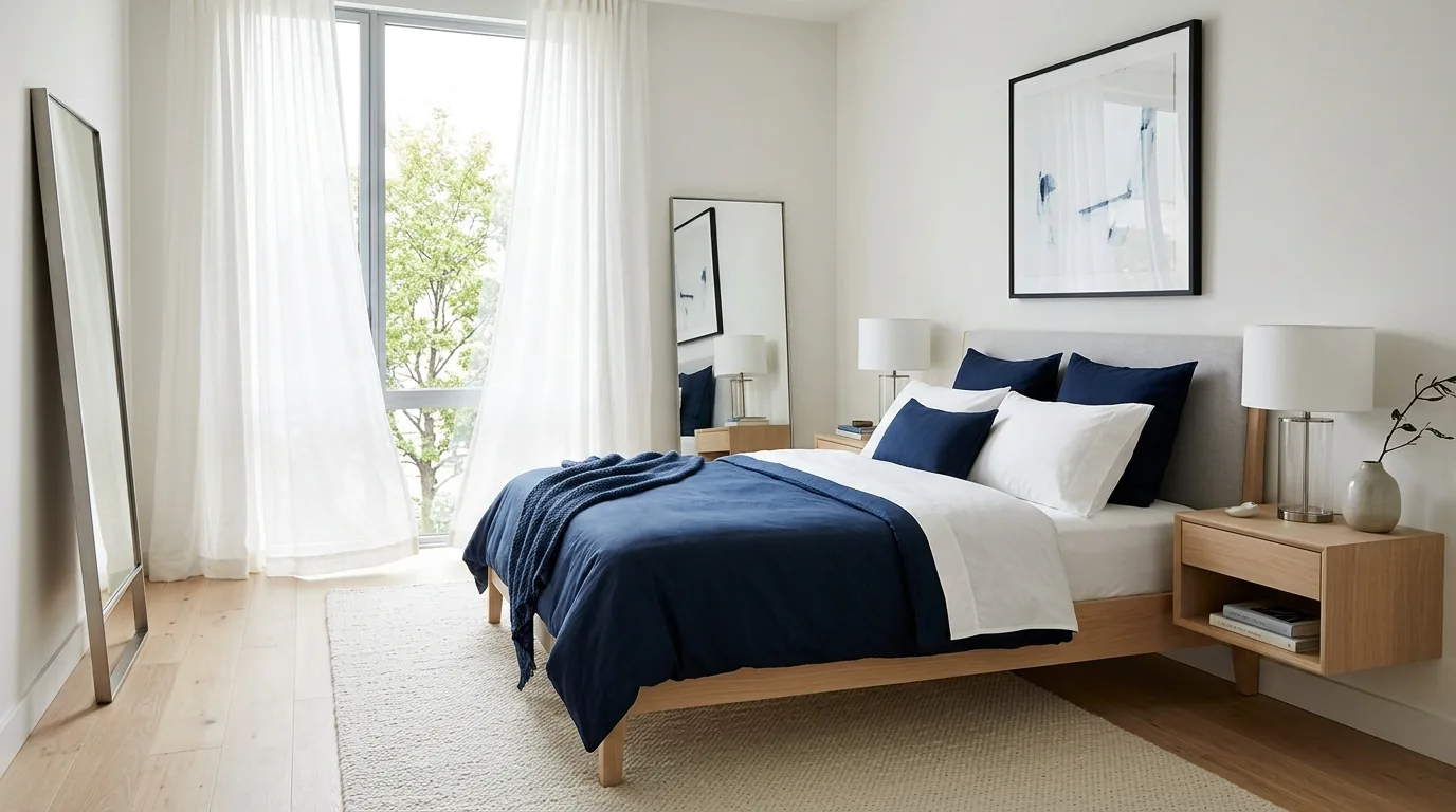 Dusty blue sheets with warm ivory duvet