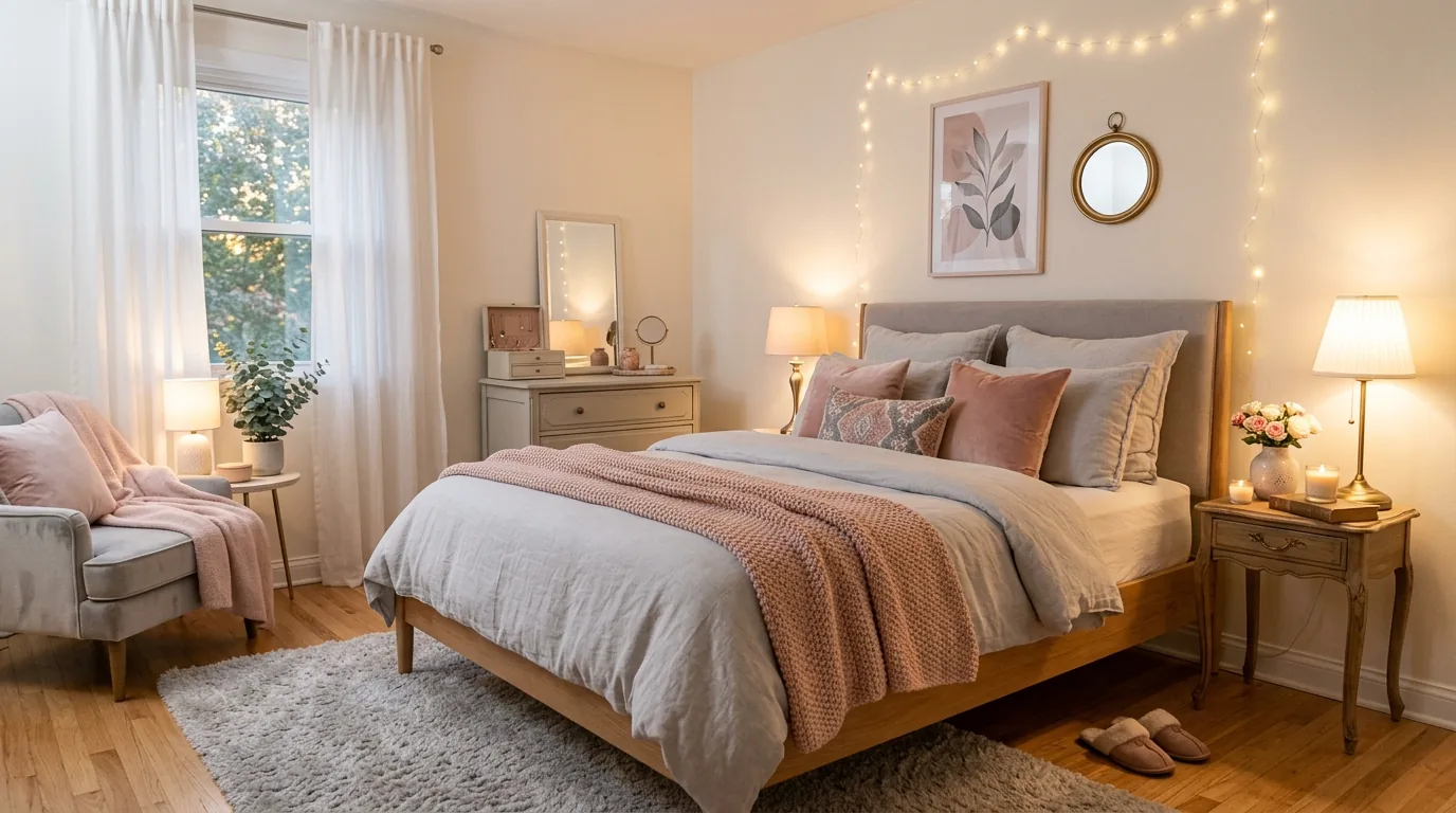 Sage green bedding with cream sheets and pale wood furniture