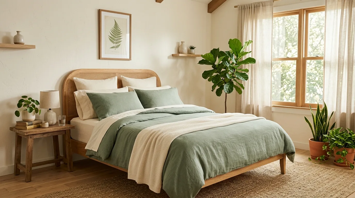 Blush pink sheets with oatmeal linen blanket