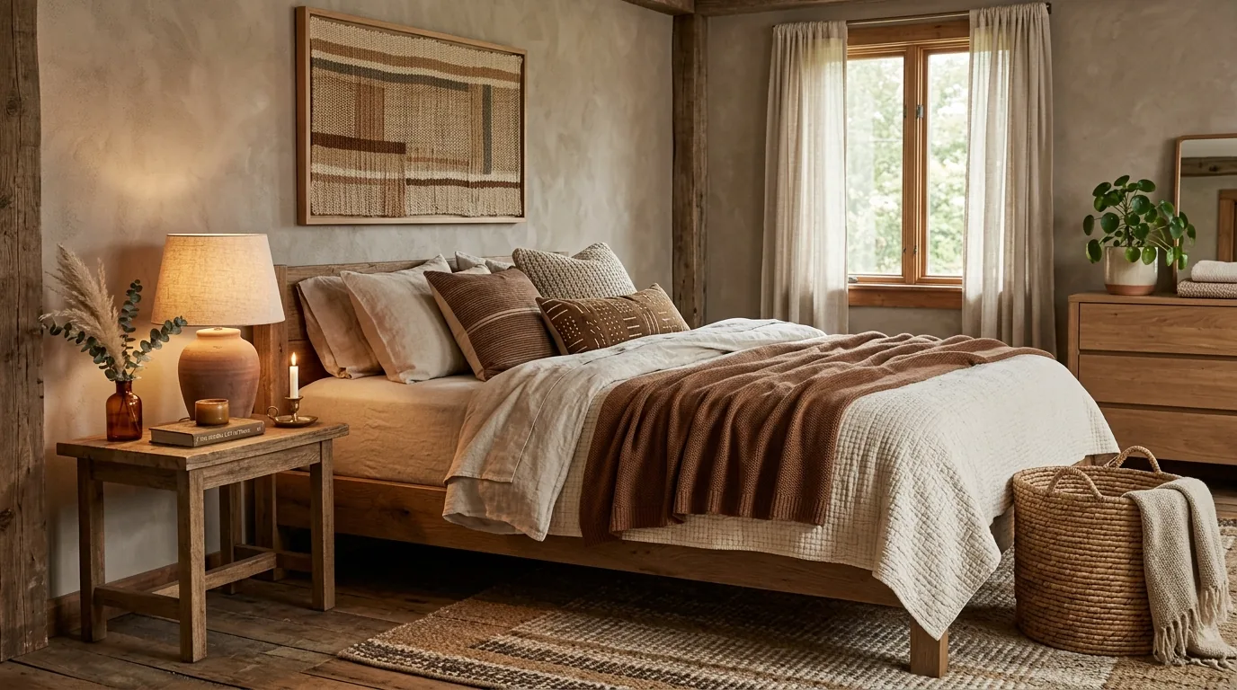 Light gray sheets with camel throw and textured pillows