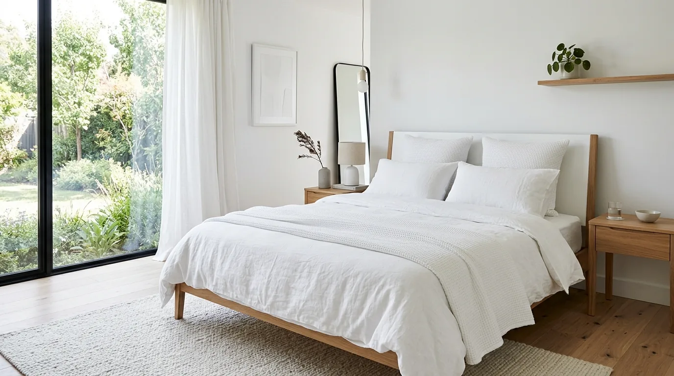 Lavender-gray bedding with white trim and soft lighting