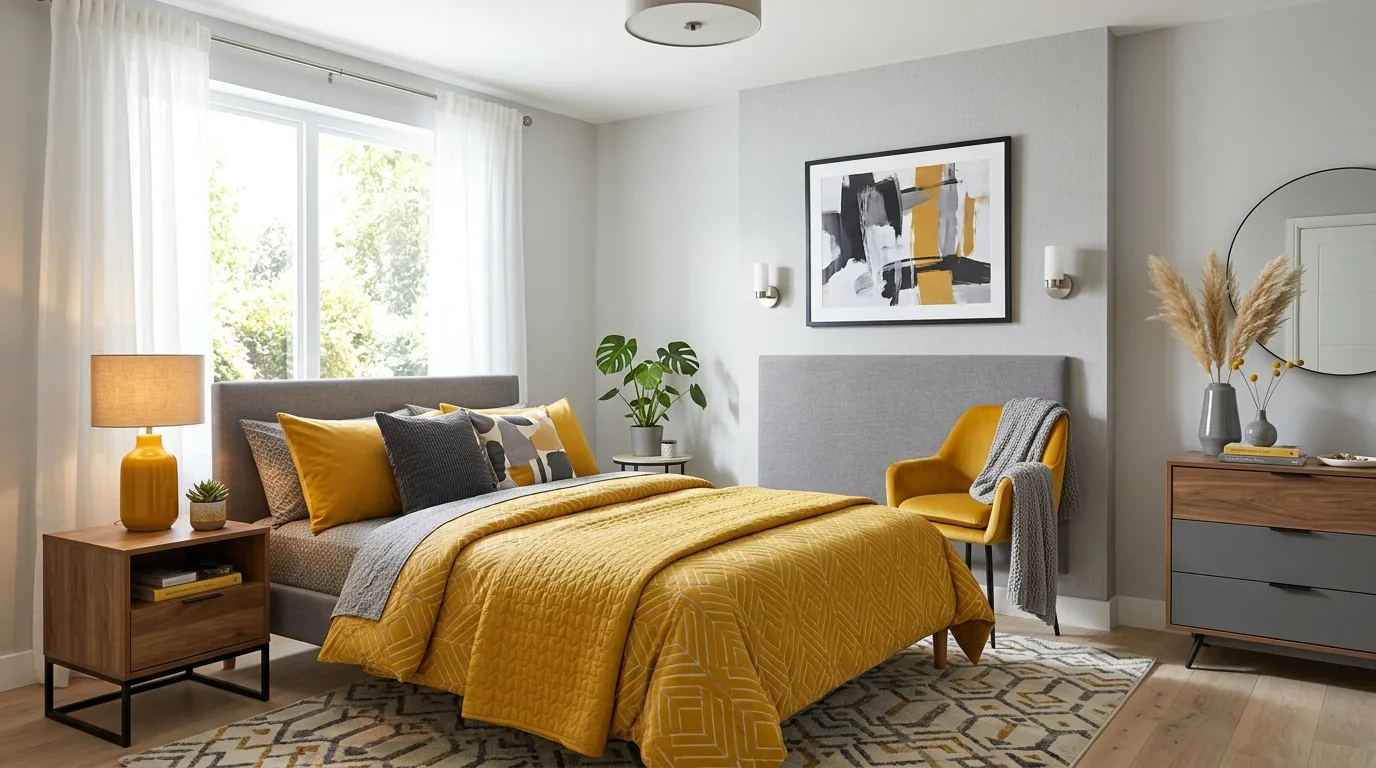 Cinematic bedroom with coordinated sheet colors
