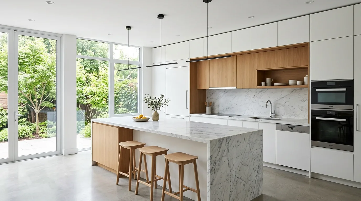 Dining room with sculptural wood table and restrained pendant lighting