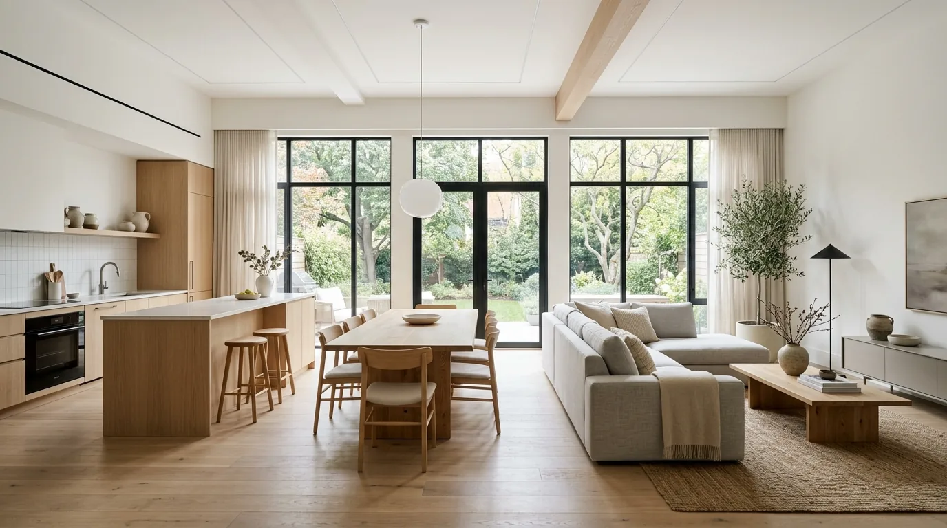 Open plan room with soft beige palette and black accent details