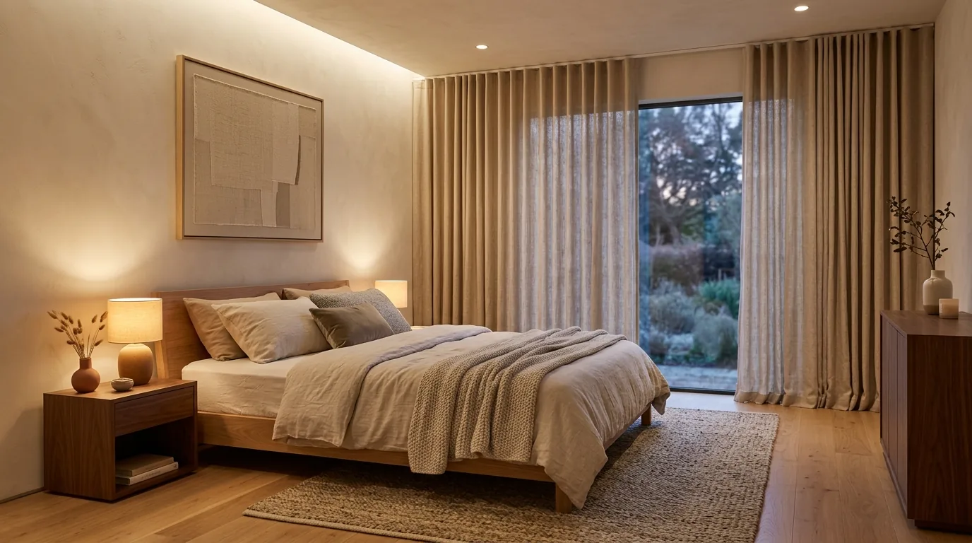 Modern lounge with boucle seating and warm walnut surfaces