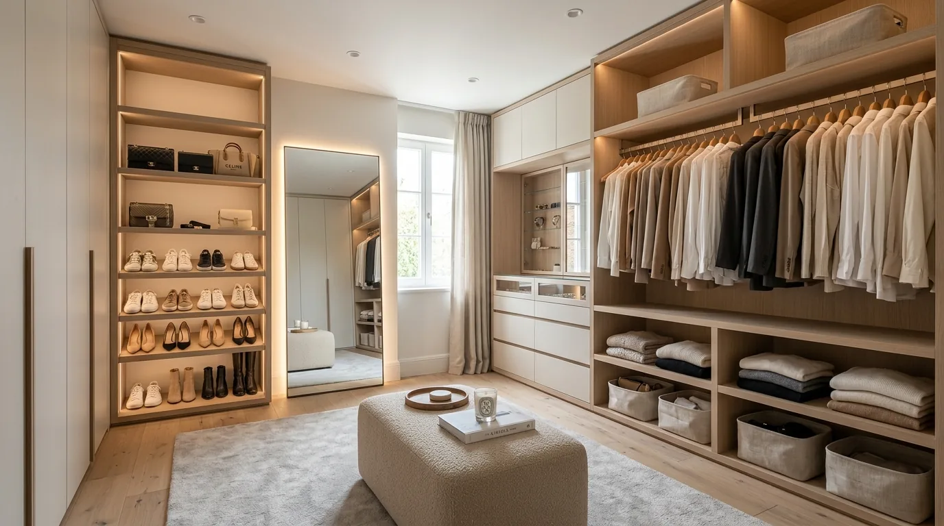 Cinematic minimalist interior with layered neutrals