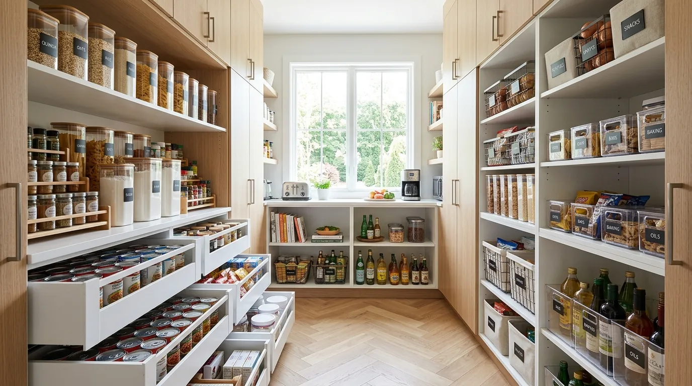 Small pantry closet with slim shelves on door and clear canisters inside