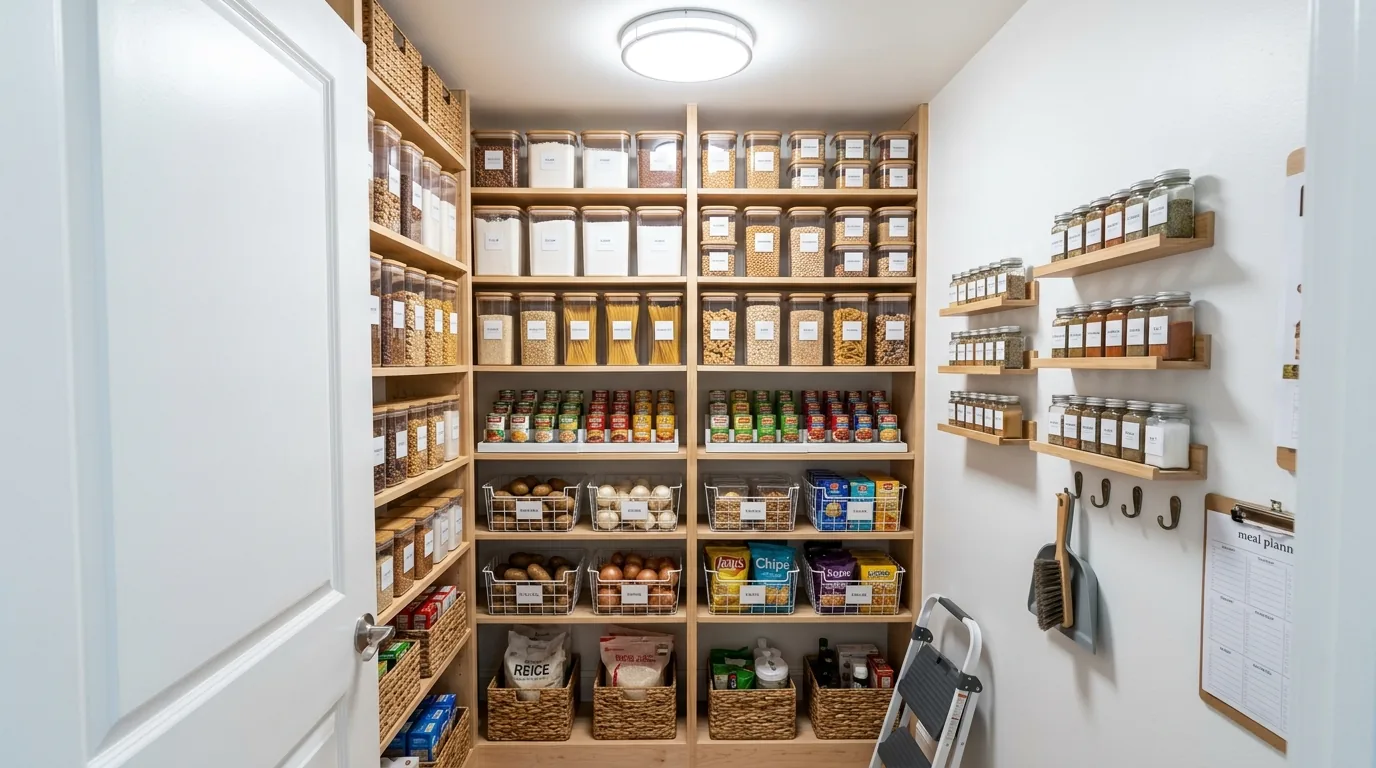 Modern kitchen pantry with pull-out drawers for snacks and dry goods