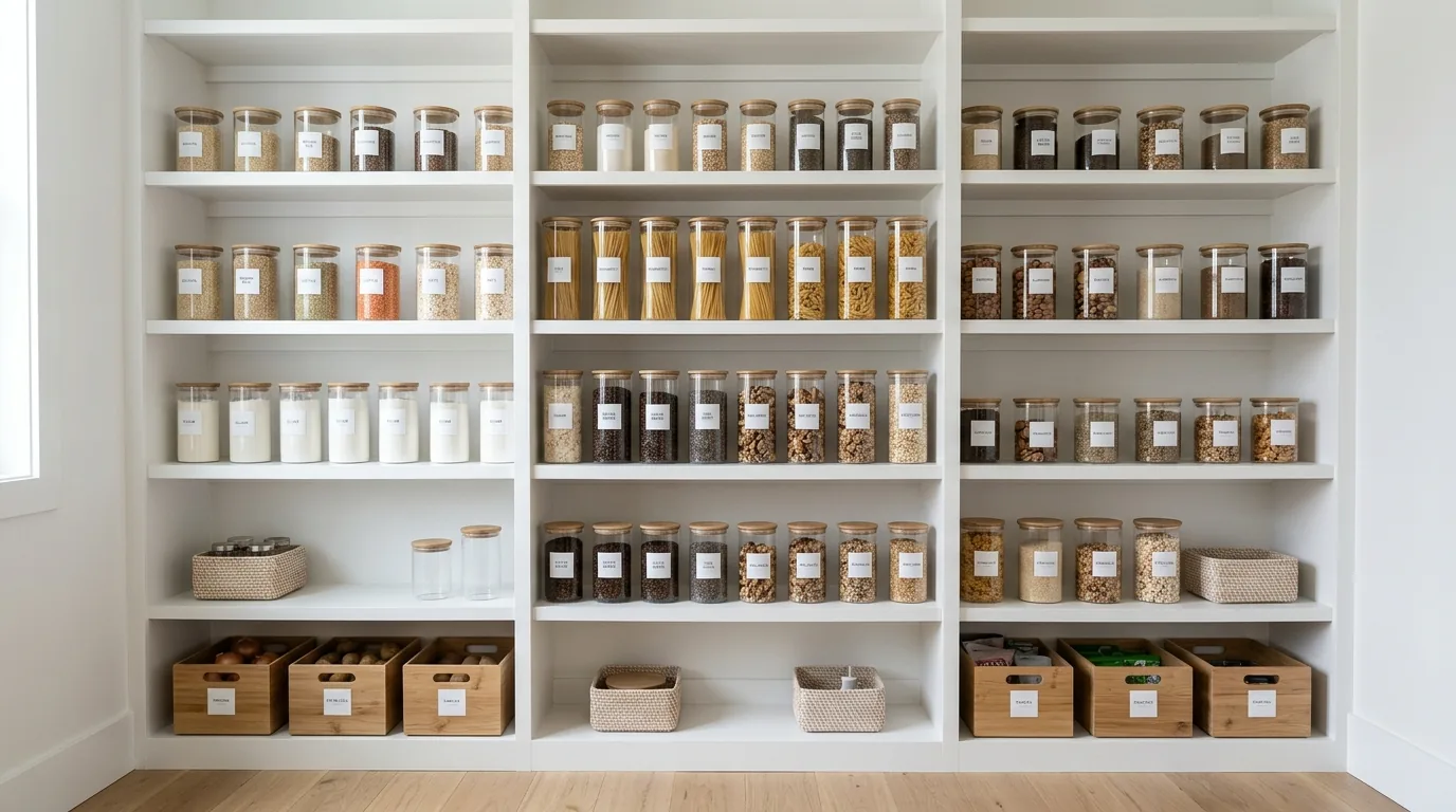 Family pantry with basket zones for kids lunches and grab-and-go items