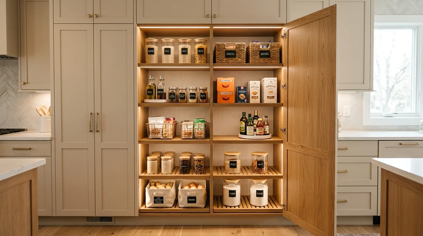 Scandinavian pantry with pale wood shelves and white containers
