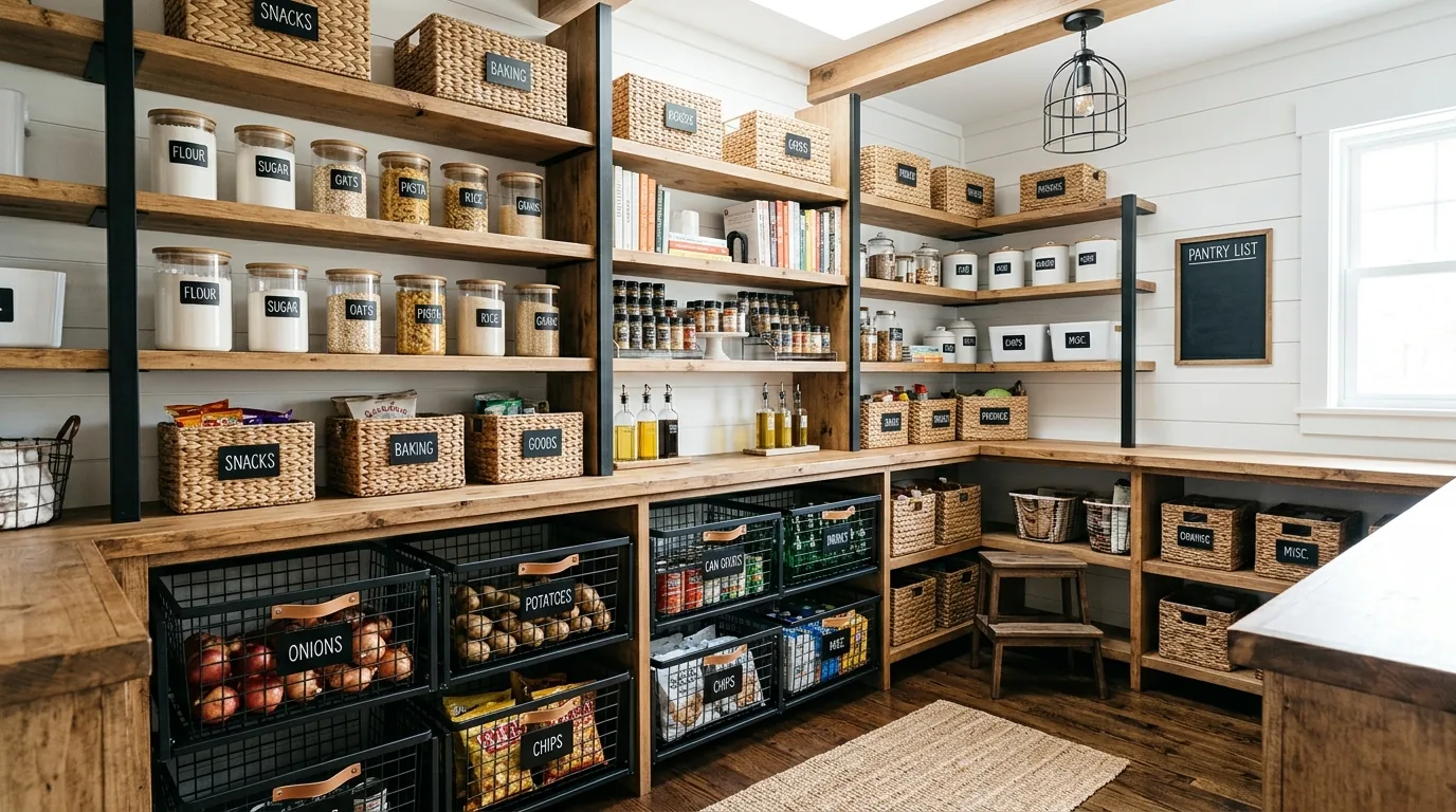Luxury pantry with backlit shelving and glass storage jars