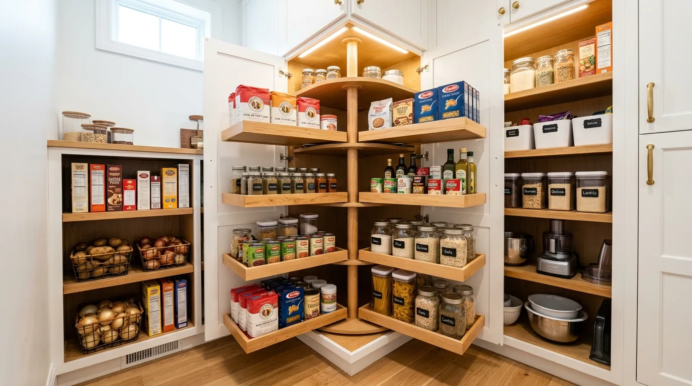 Narrow pantry with adjustable shelving heights and deep lower baskets
