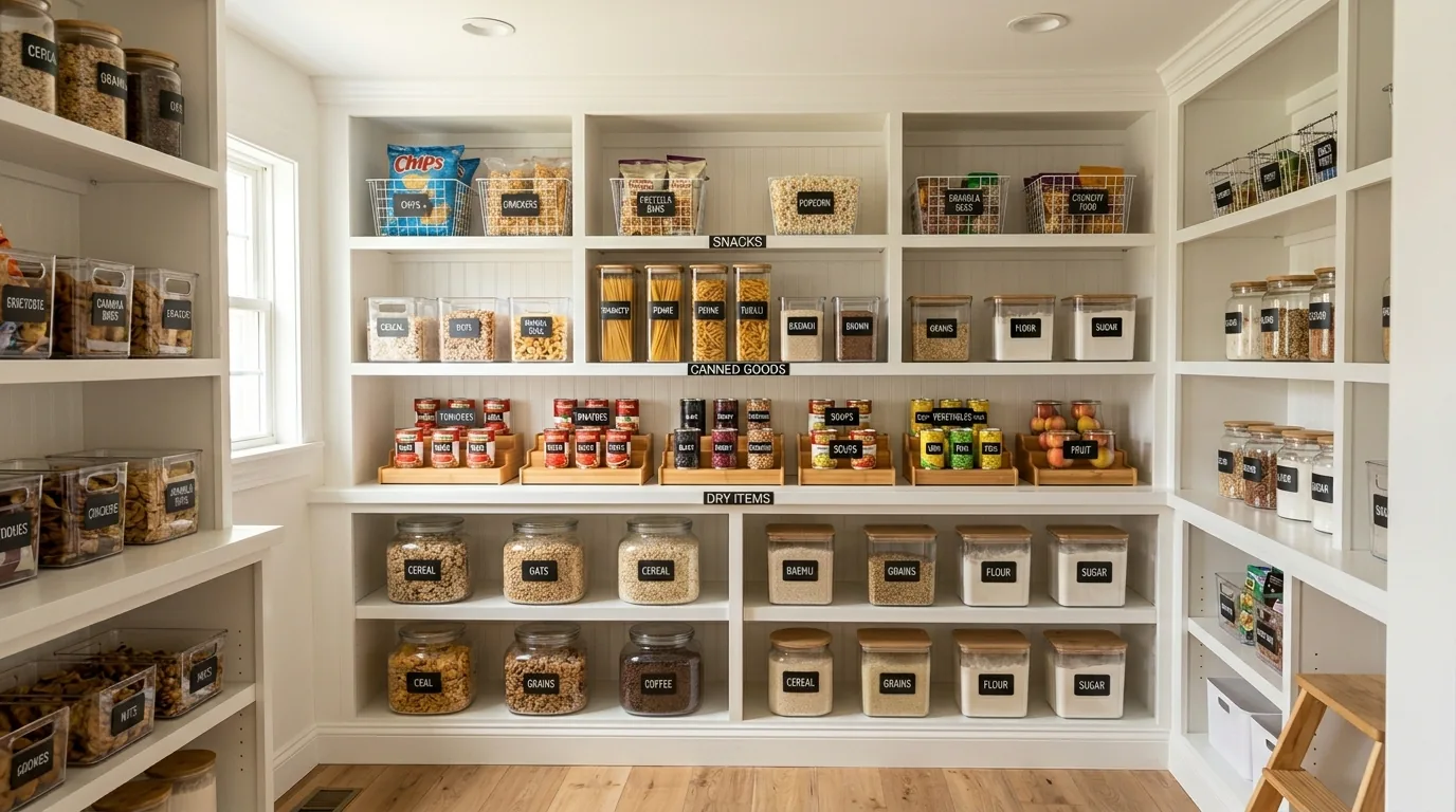 Corner pantry with rotating storage and grouped categories