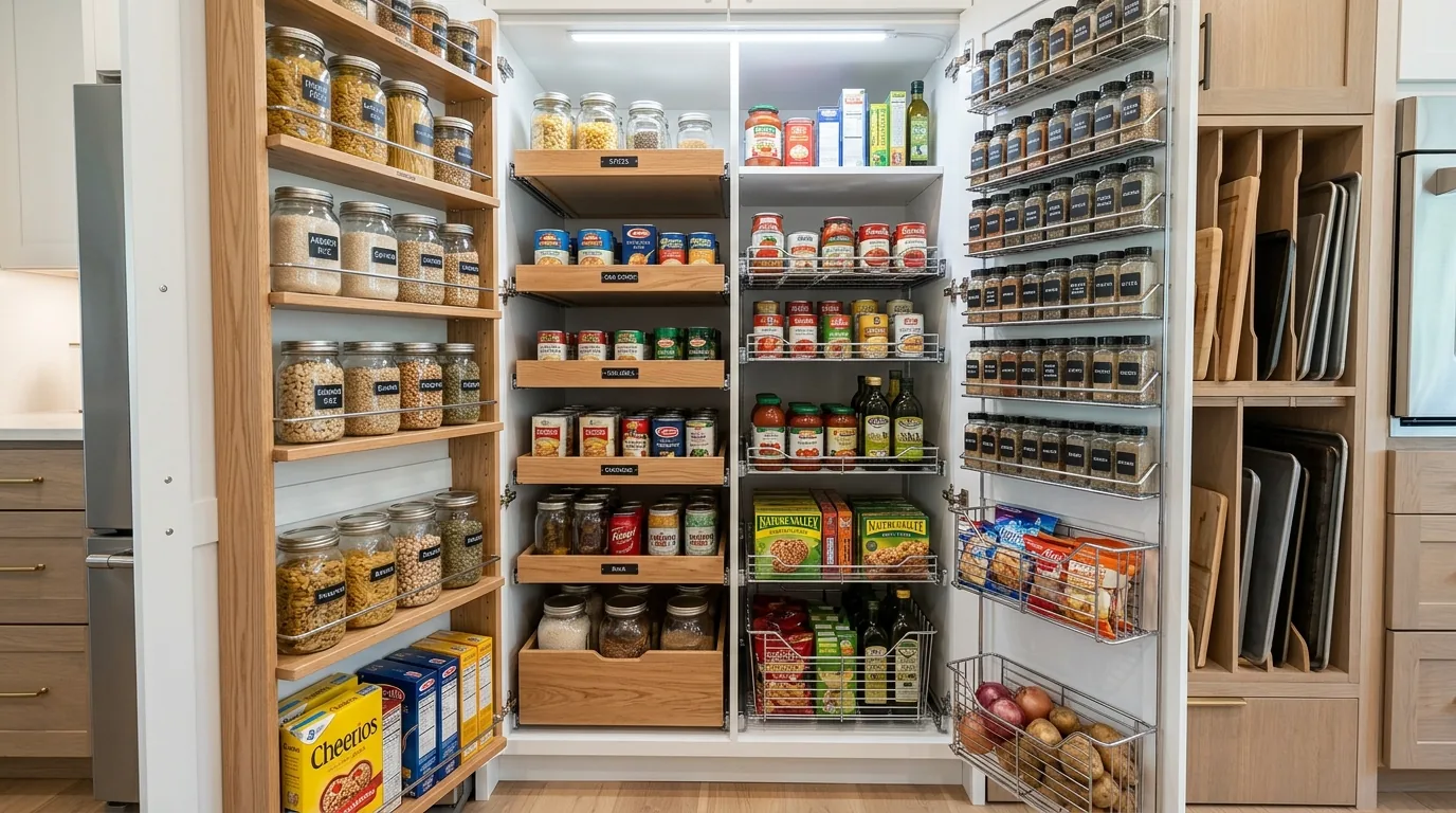 Farmhouse pantry with labeled crocks