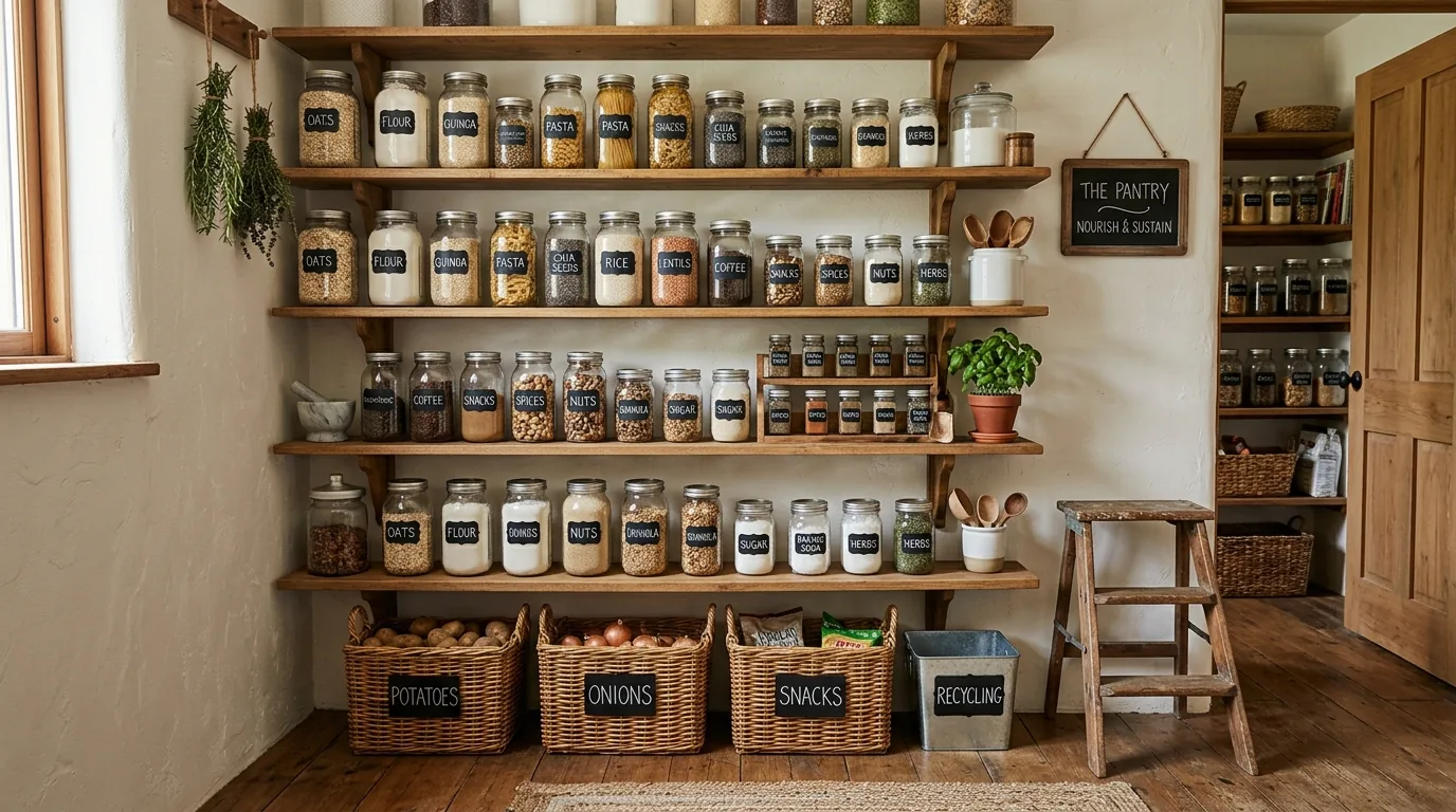 Minimal pantry with one-tone containers and quiet labels