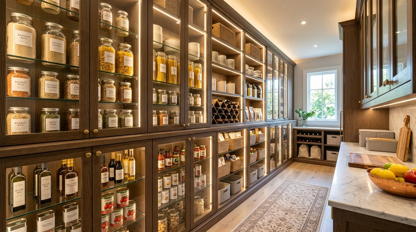 Apartment pantry nook with rolling cart and floating shelves