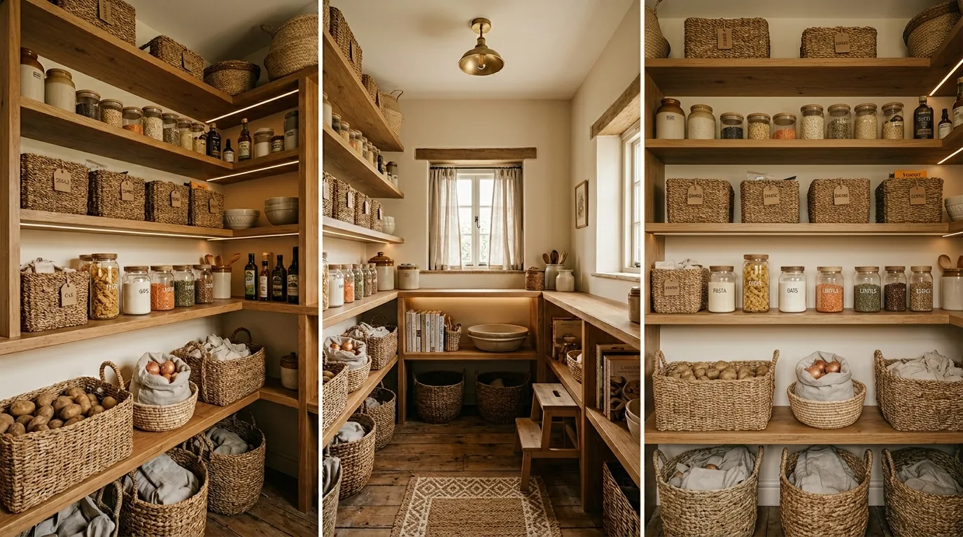 Cinematic pantry design with layered shelving