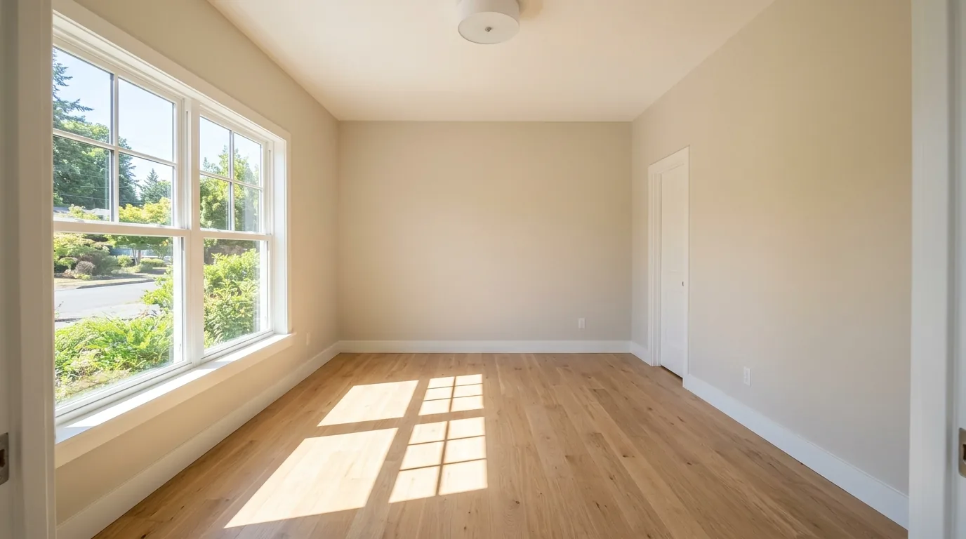 Soft neutral paint palette with warm wood furniture