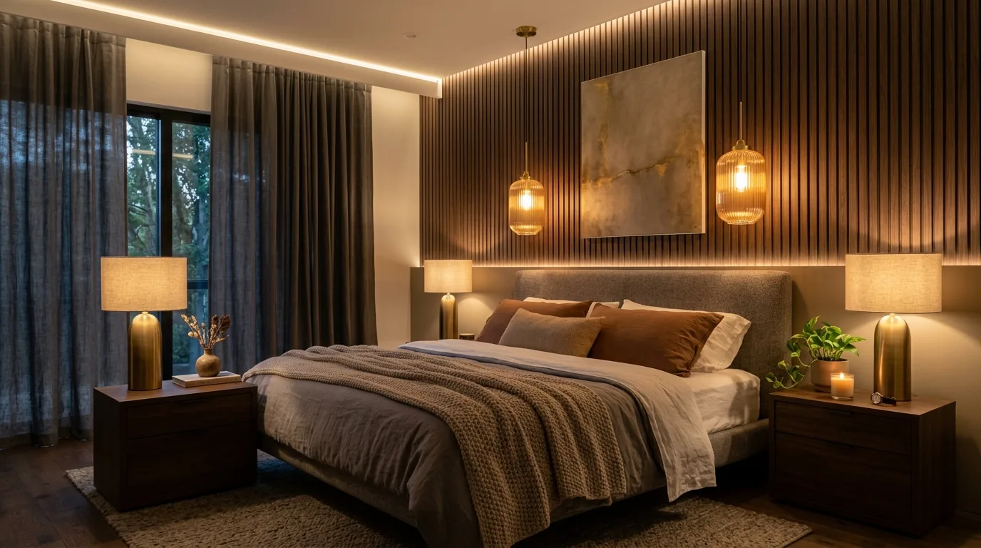 Uplifted bedroom with full-height curtains and tall headboard