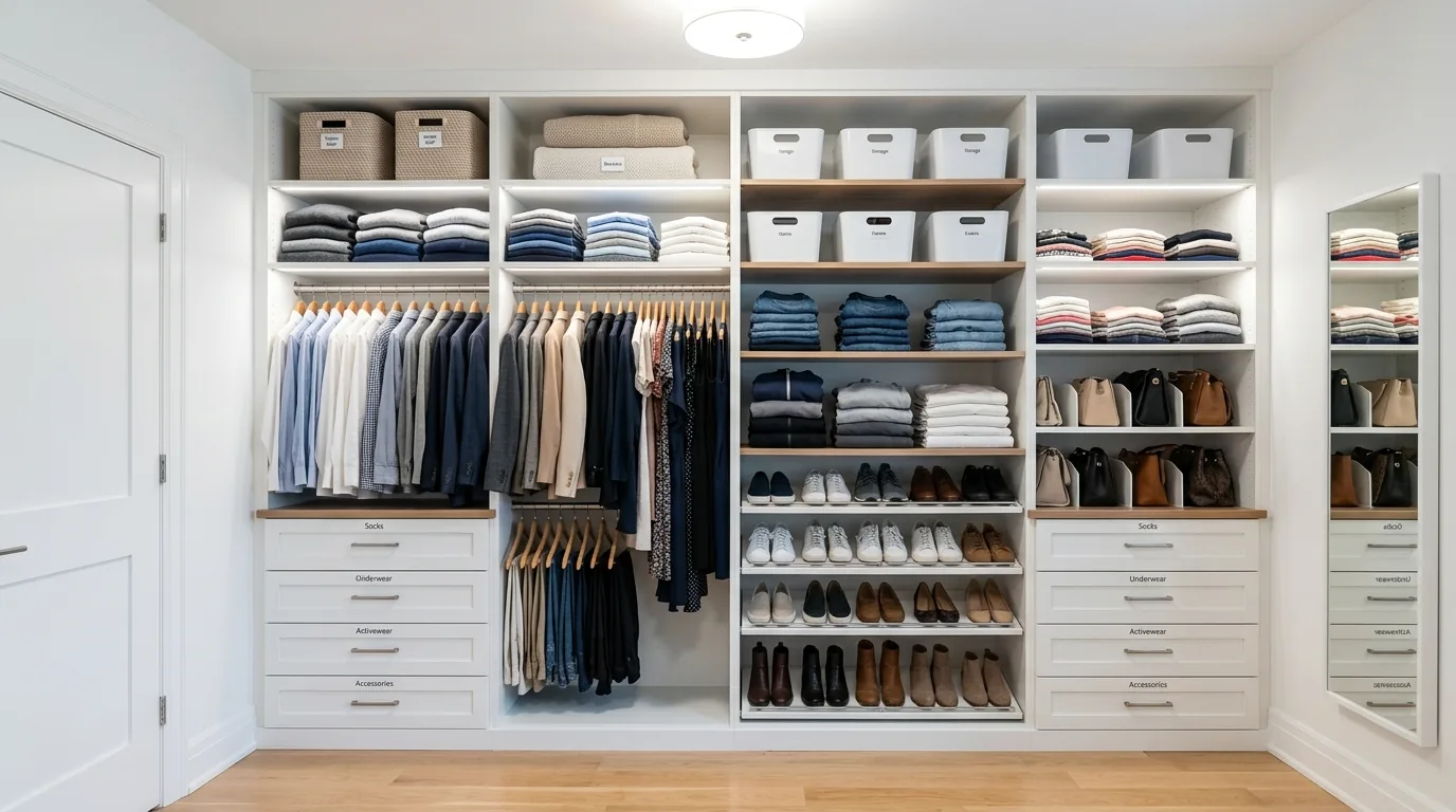 Minimal room with hidden clutter and simplified surfaces