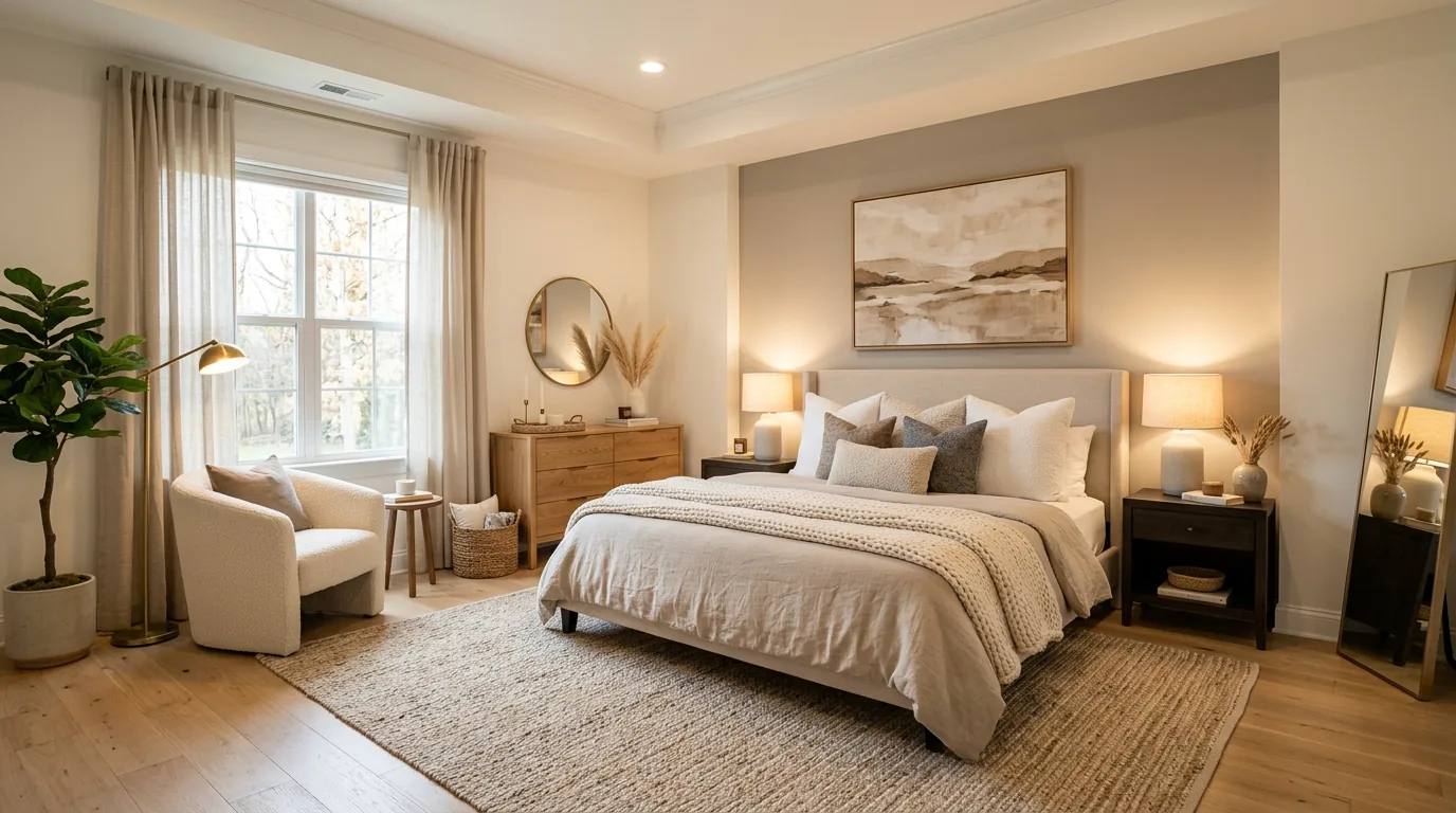 Moody bedroom with darker wall tone and warm ambient light