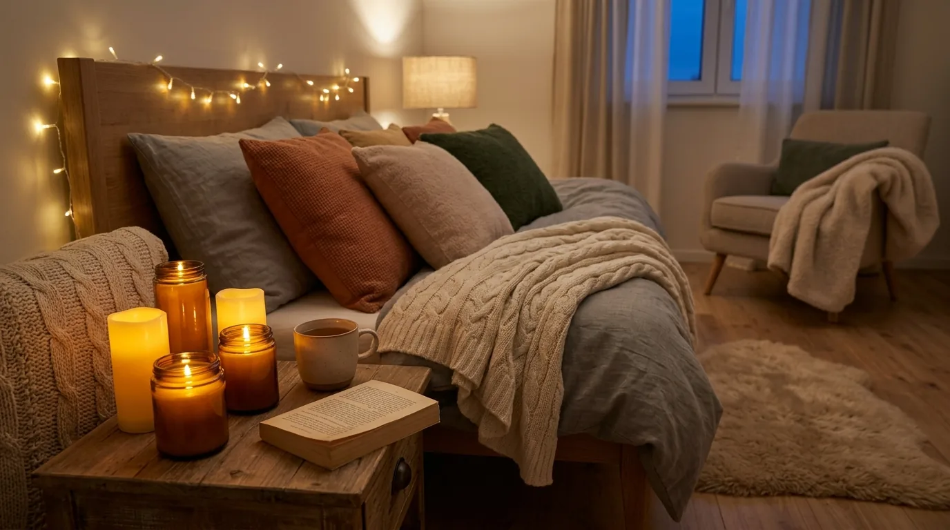 Guest-friendly bedroom with layered blankets and easy bedside storage
