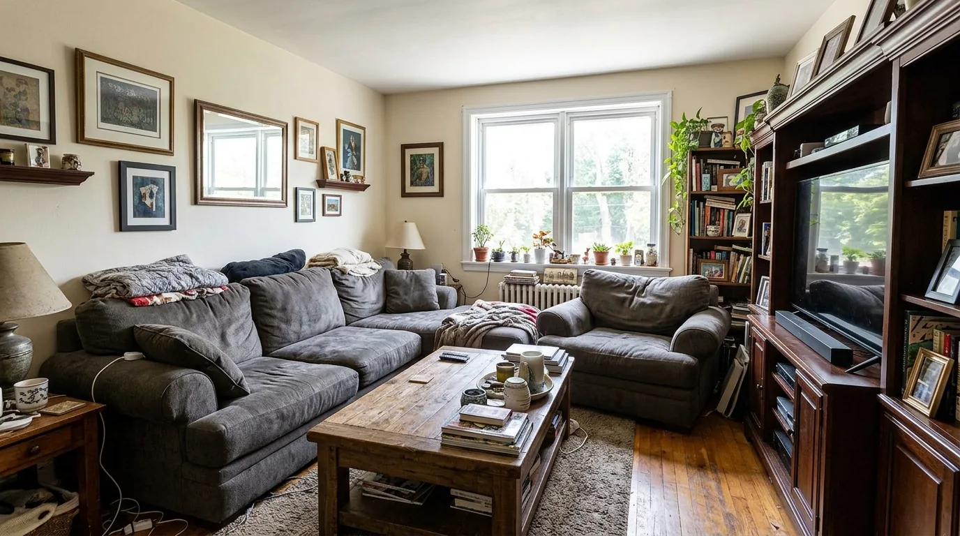 Small room blocked by oversized furniture