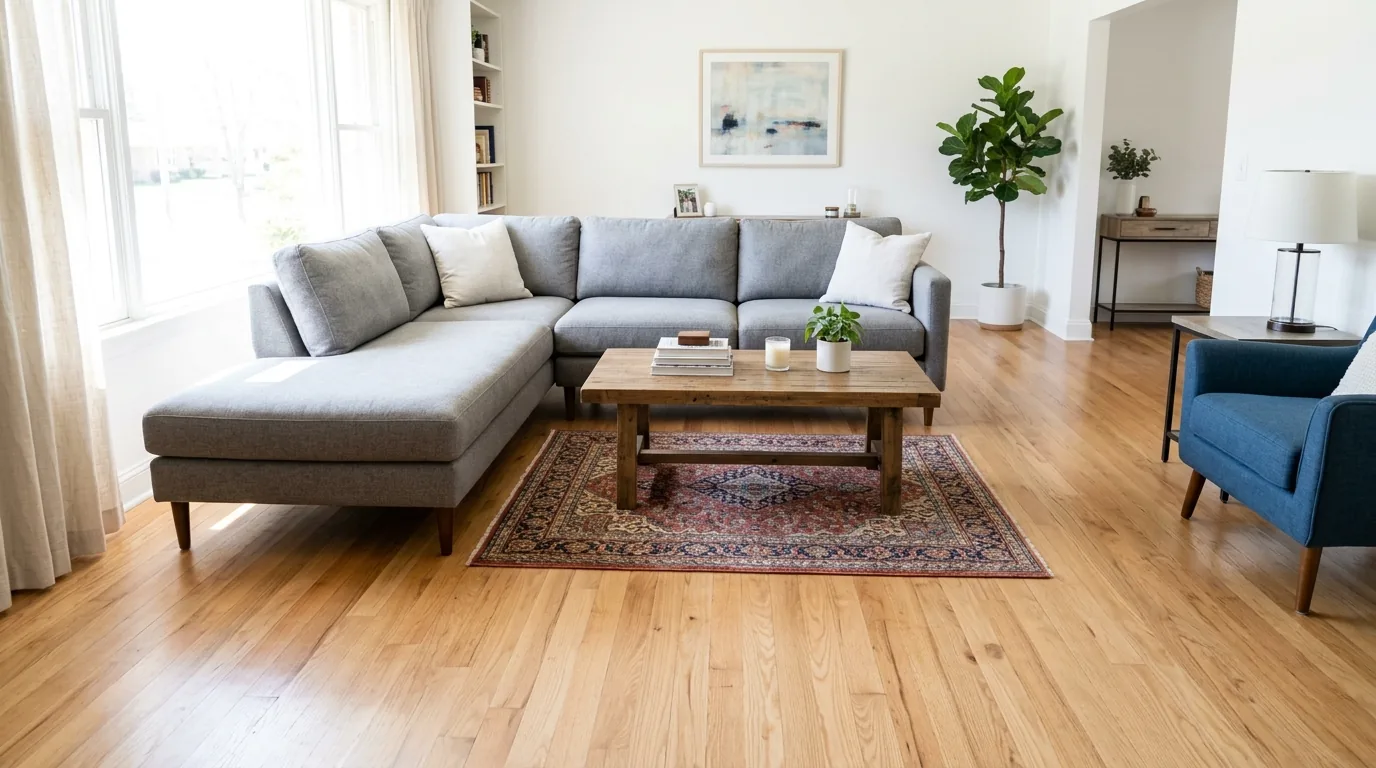 Neutral room with no material variation showing why texture matters