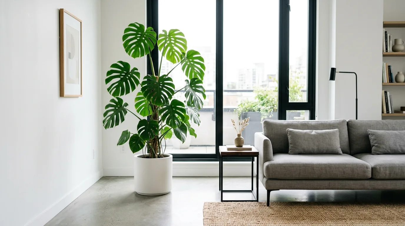 Large monstera in woven basket planter near an entry console
