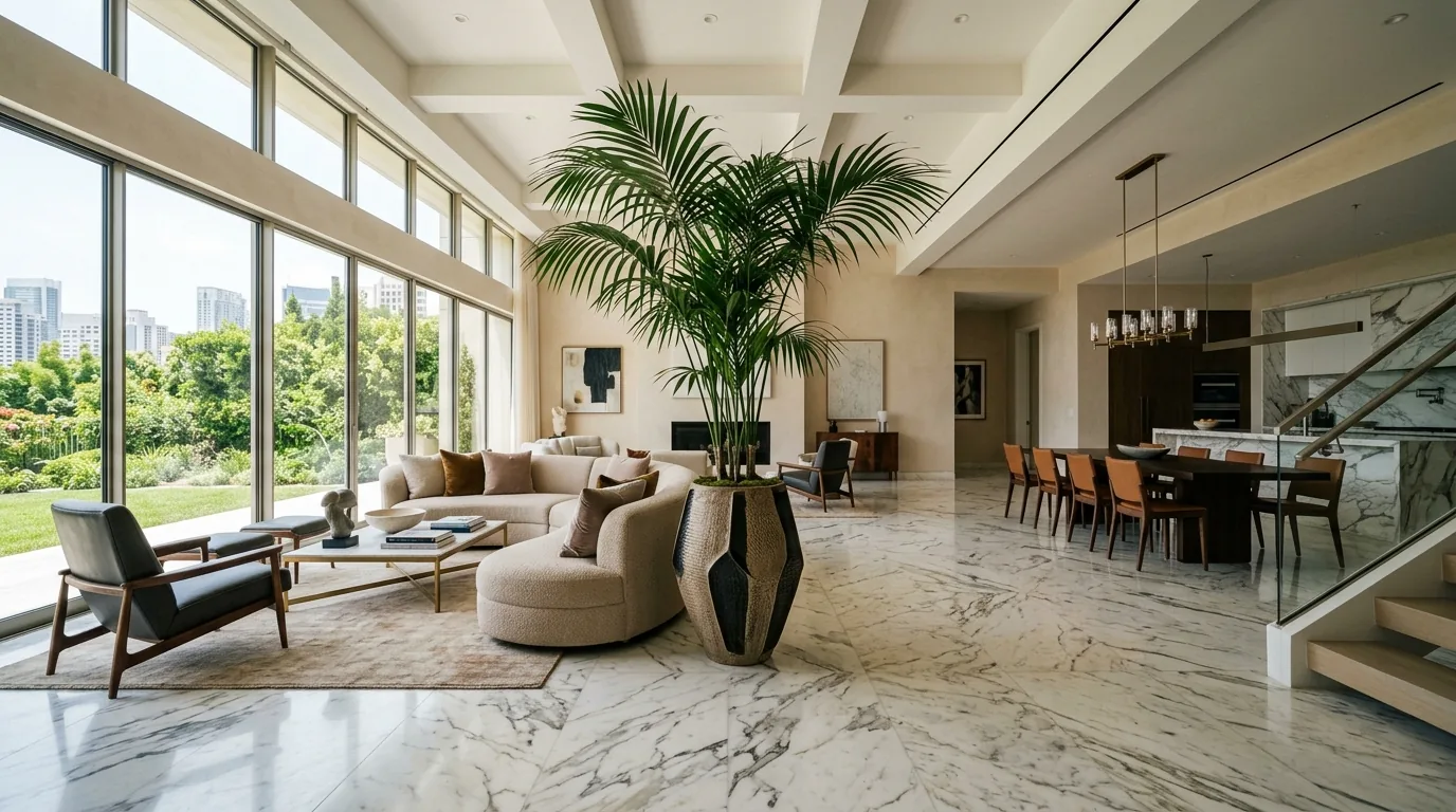 Olive tree in a stone pot near a dining table