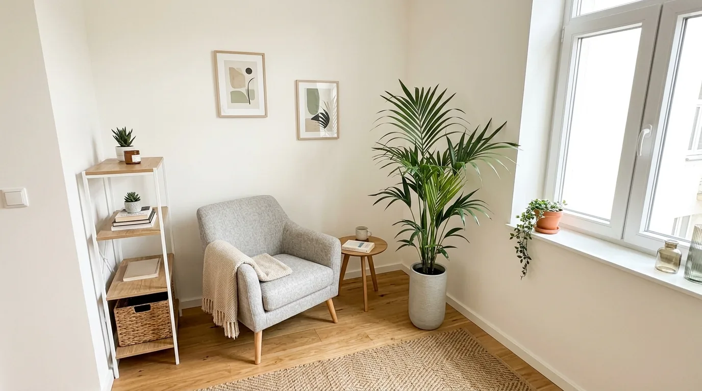 Oversized snake plant in ribbed planter beside a media console