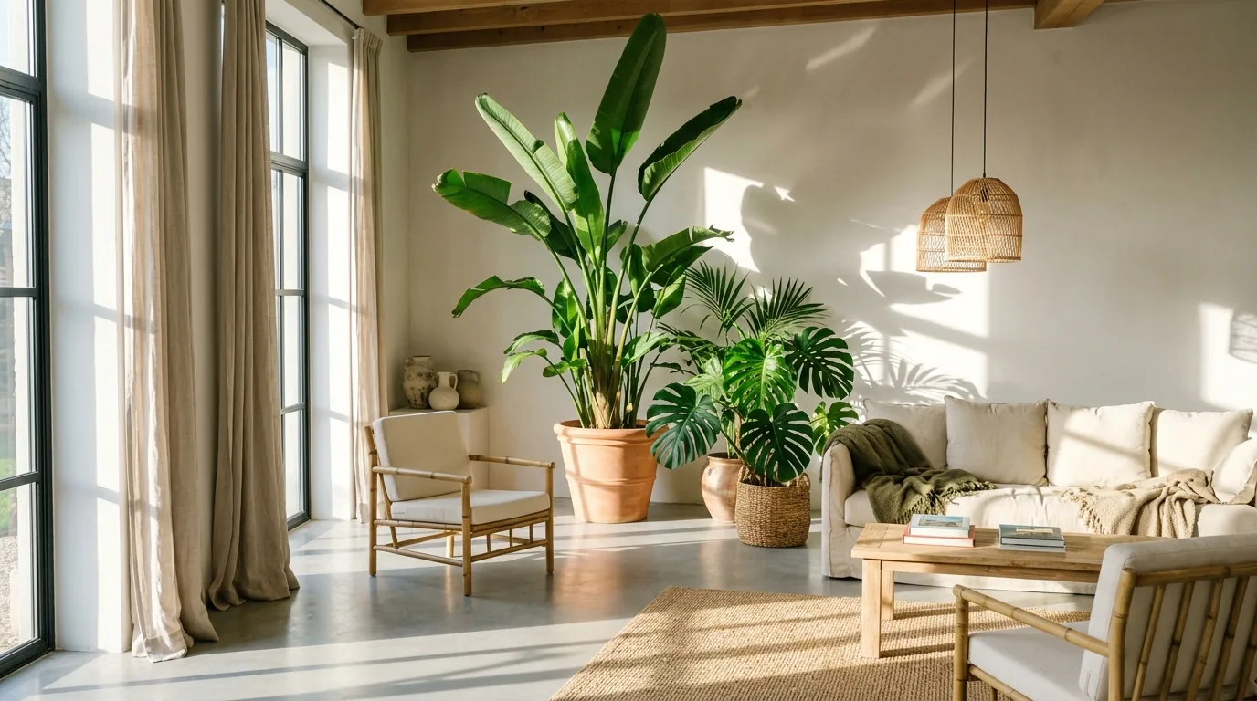 Large hanging pothos and floor plant combination in kitchen breakfast area