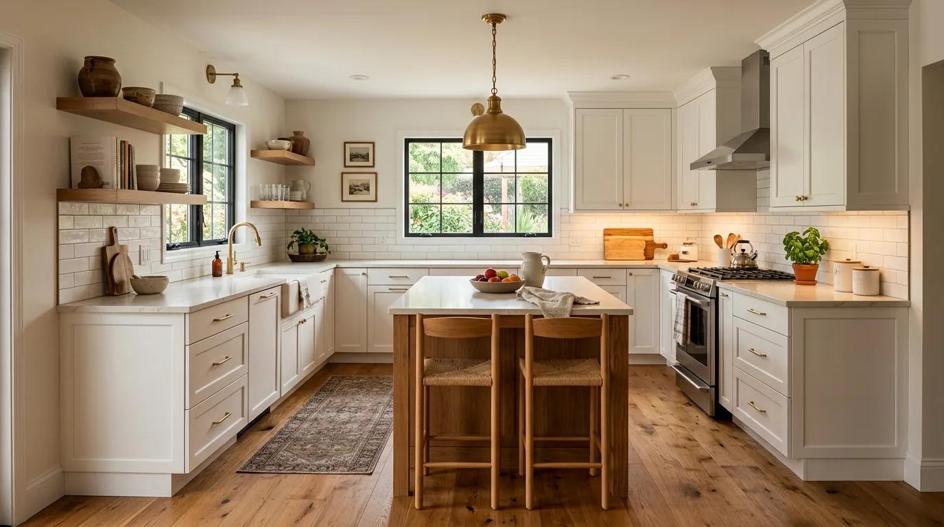 Wood-look tile flooring beneath white cabinets and oak accents