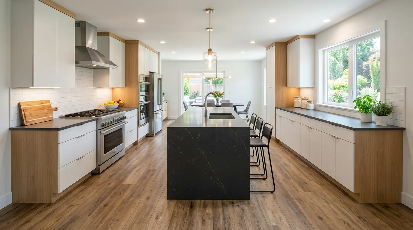 Checkerboard kitchen floor in soft muted tones