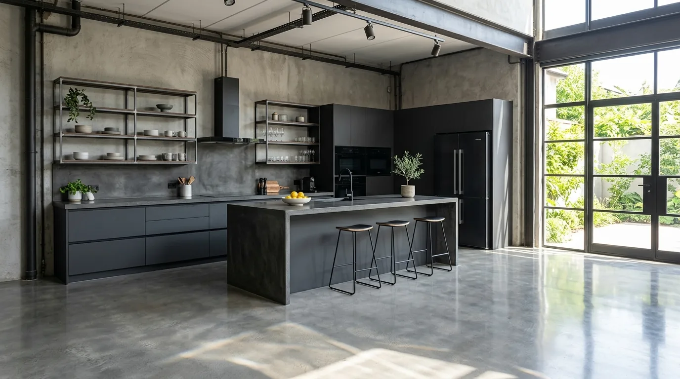 Modern kitchen with matte charcoal tile floor and crisp cabinetry